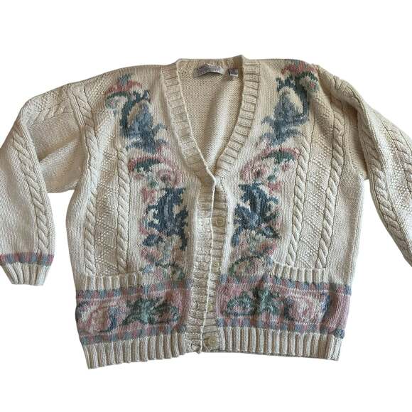 Karen Scott II Sweaters - Karen Scott II Hand Knits Vintage Floral Cable Knit Button-Front Cardigan